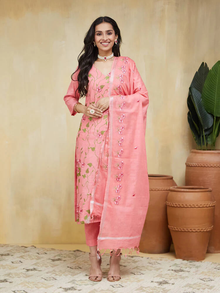 Apricot Embroidered Cotton Unstitched Suit Set