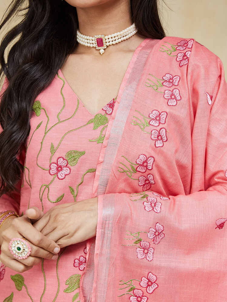 Apricot Embroidered Cotton Unstitched Suit Set - Image 5
