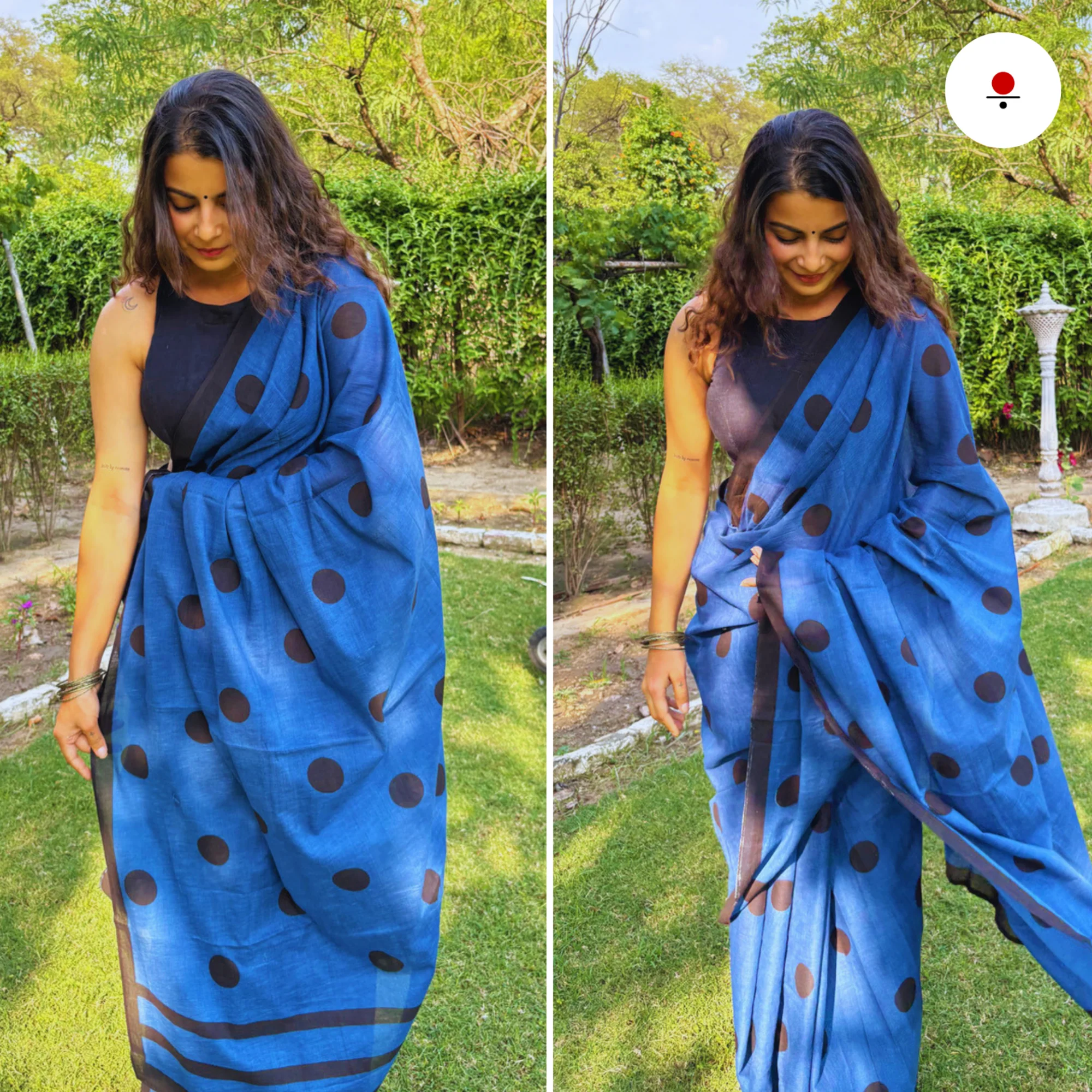 Blue Polka Cotton Saree - Image 4