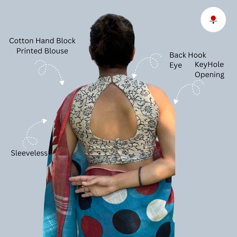 Blue Polka Linen Hand Block Printed Saree - Image 5