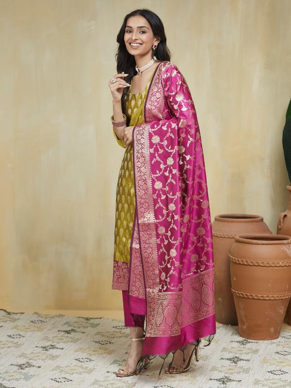 EOSS Emerald Yellow Banarsi Silk Stitched Suit - Image 19