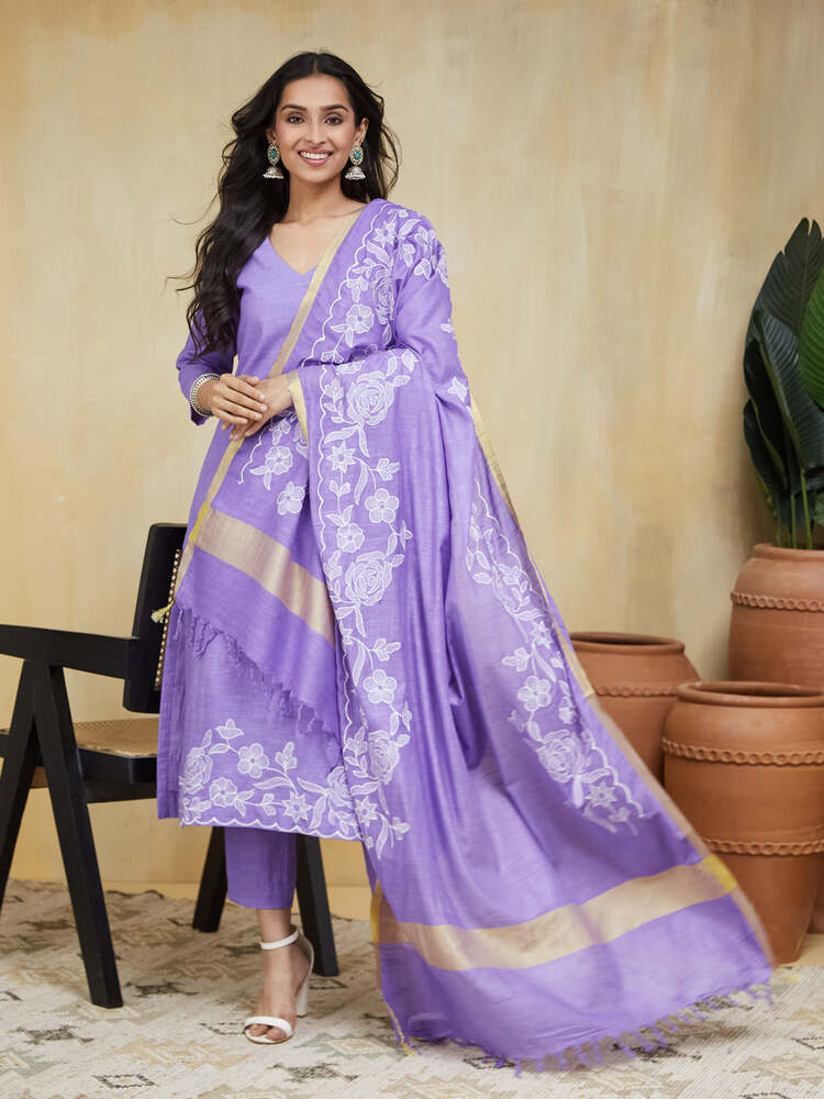 Lavandula Embroidered Cotton Stitched Suit - Image 3