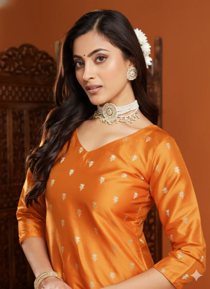 Golden Orange Banarasi Silk Unstitched Suit Set - Image 6