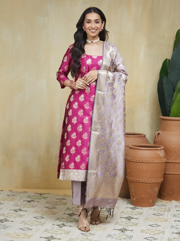 EOSS Strawberry Glaze Banarsi Silk Stitched Suit - Image 9