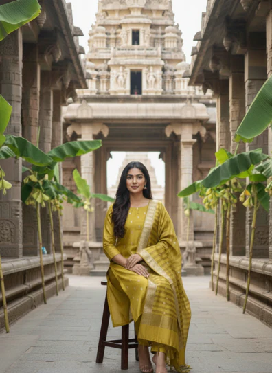 Yellow Amber Banarsi Silk Unstitched Suit - Image 3